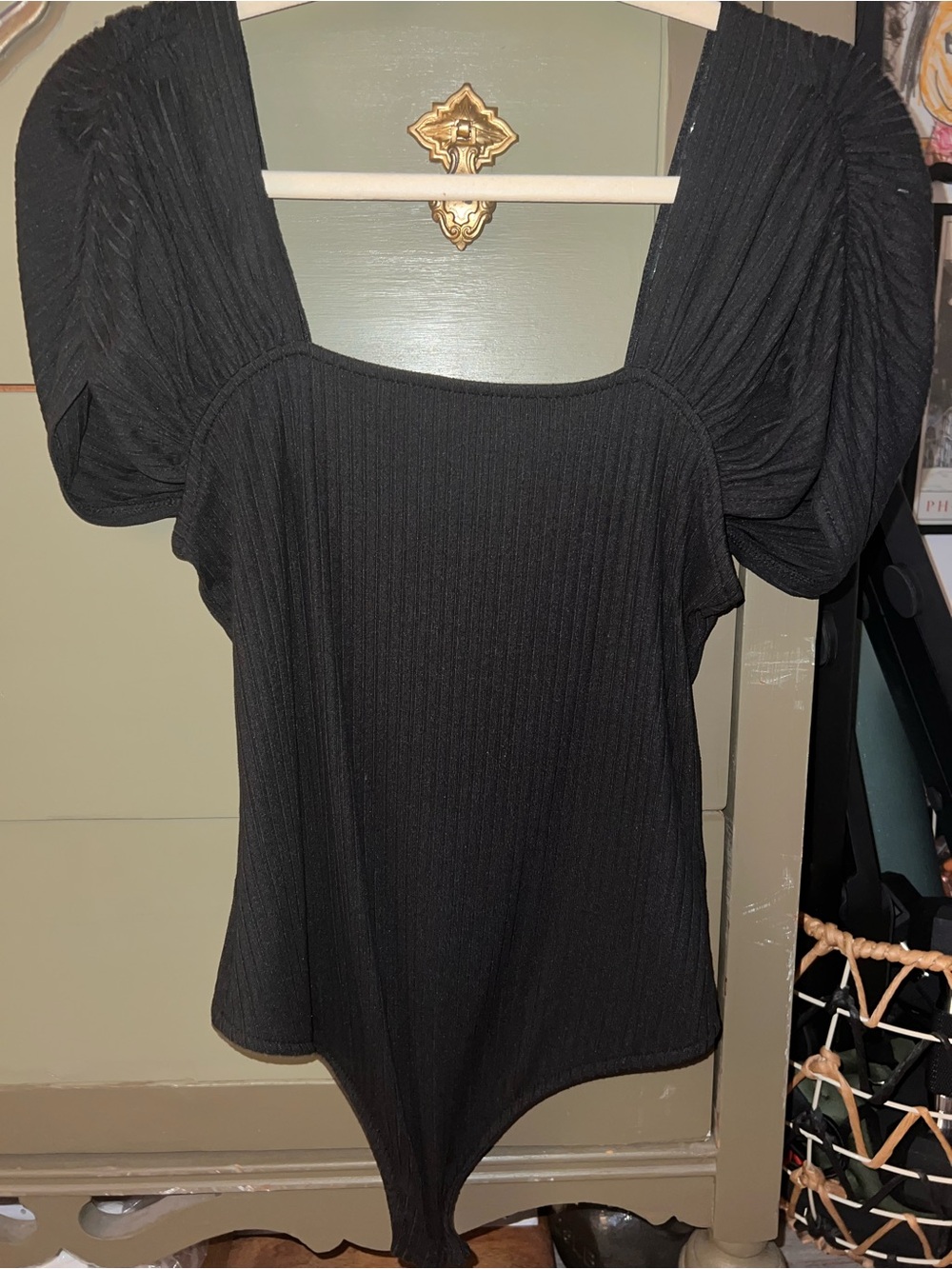 Free People Black Ribbed Puff-Sleeve Bodysuit